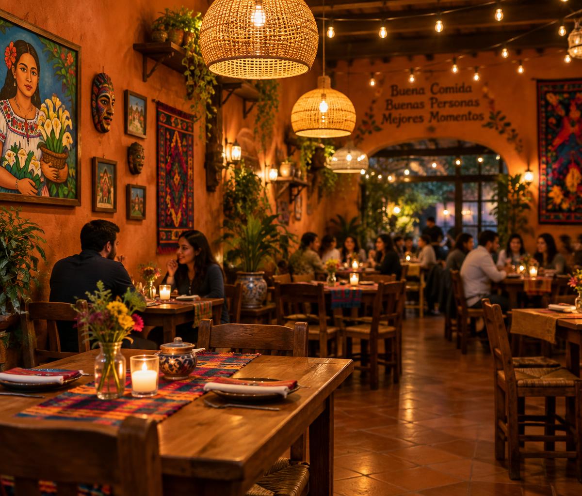 Interior cálido del restaurante Sabor Criollo