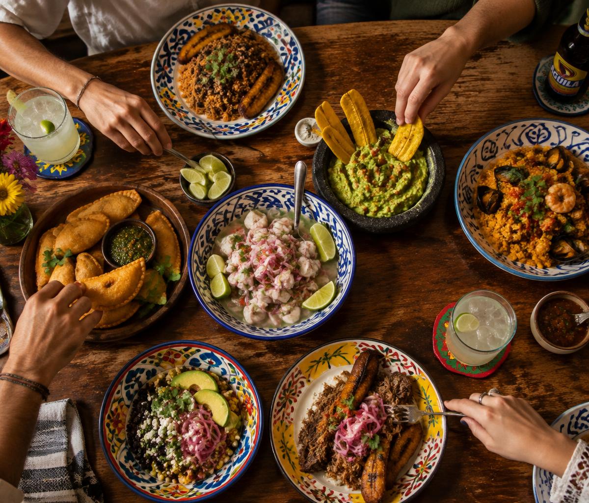 Mesa compartida con platos latinos